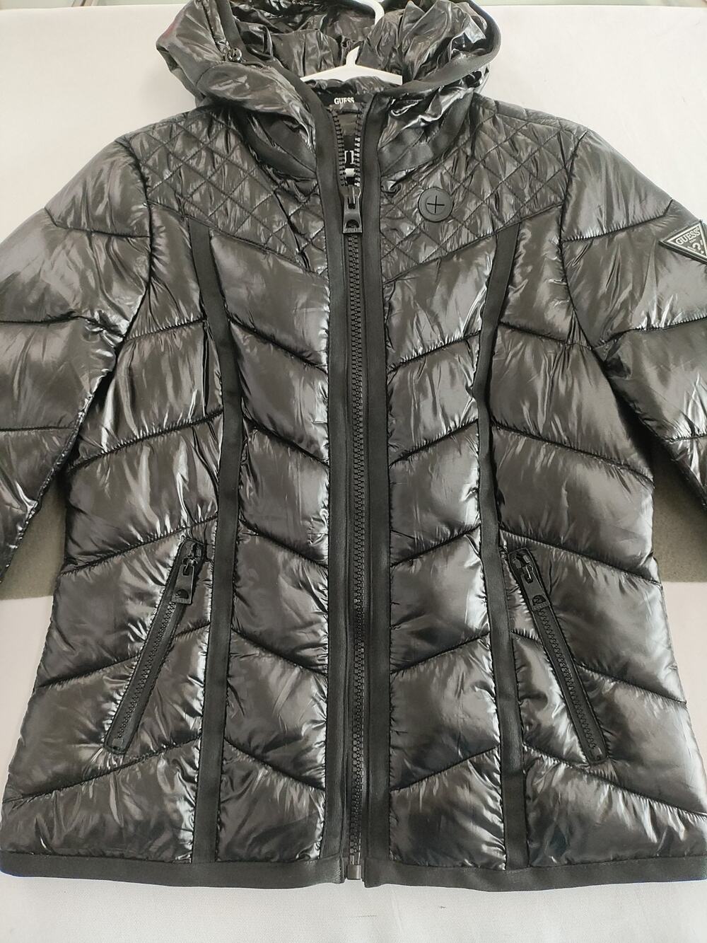 Guess Quilted Puffer Hooded Jacket Water Resistant Womens Sz M Full Zip Light